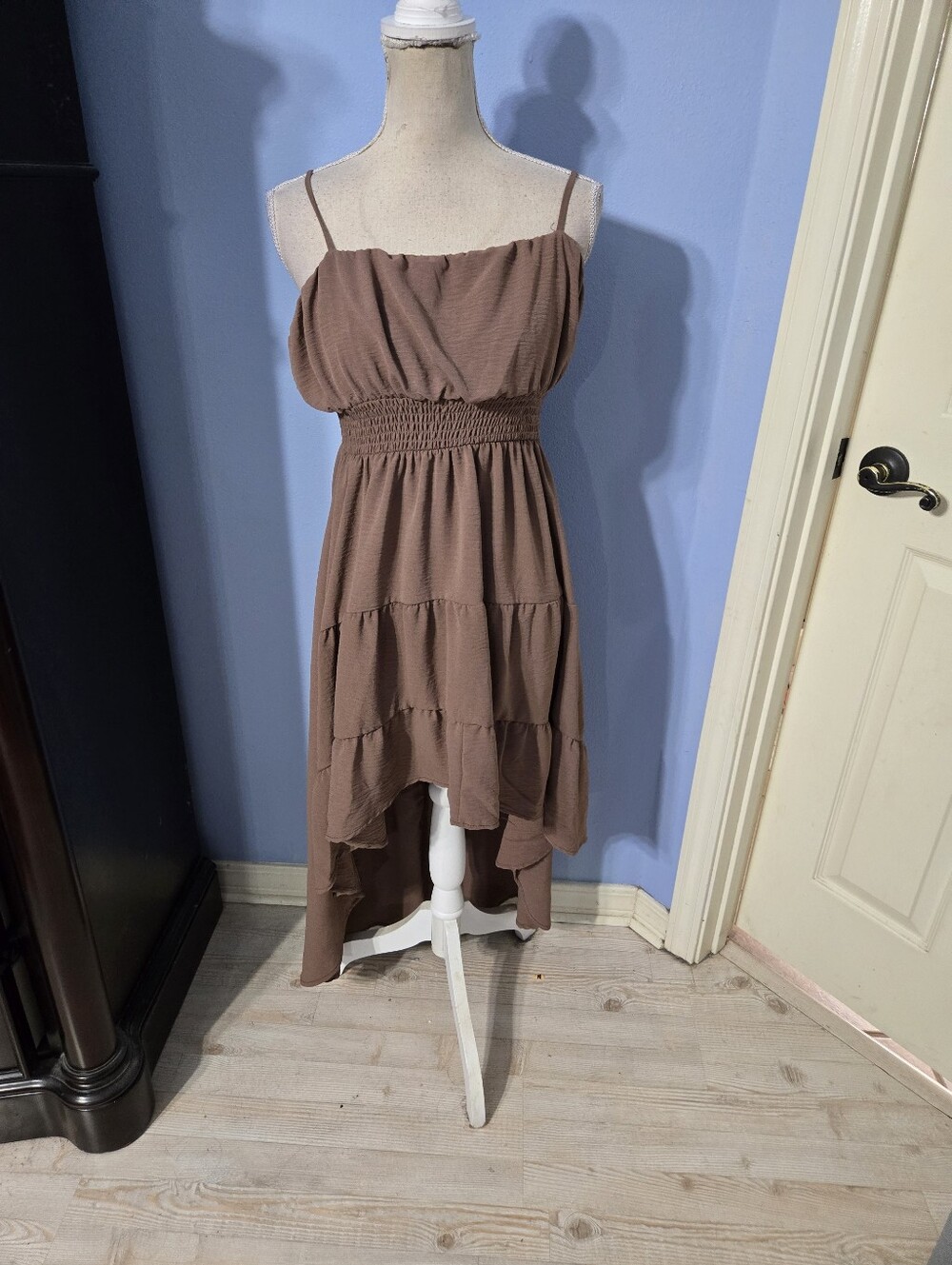 YMI Brown High-Low Smocked Waist Spaghetti Strap Dress